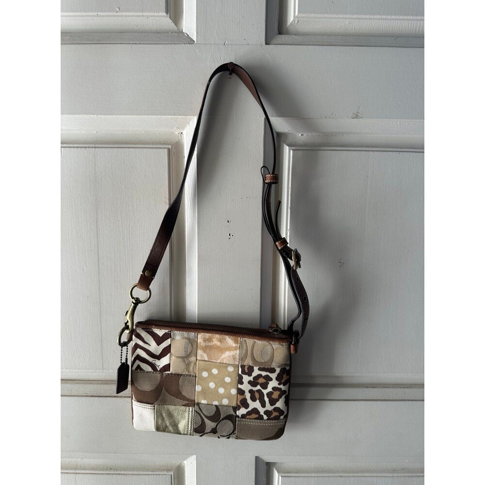 Vintage Coach Y2K Brown Patchwork Leopard One Shoulder Mini Purse Baguette - Picture 3 of 5